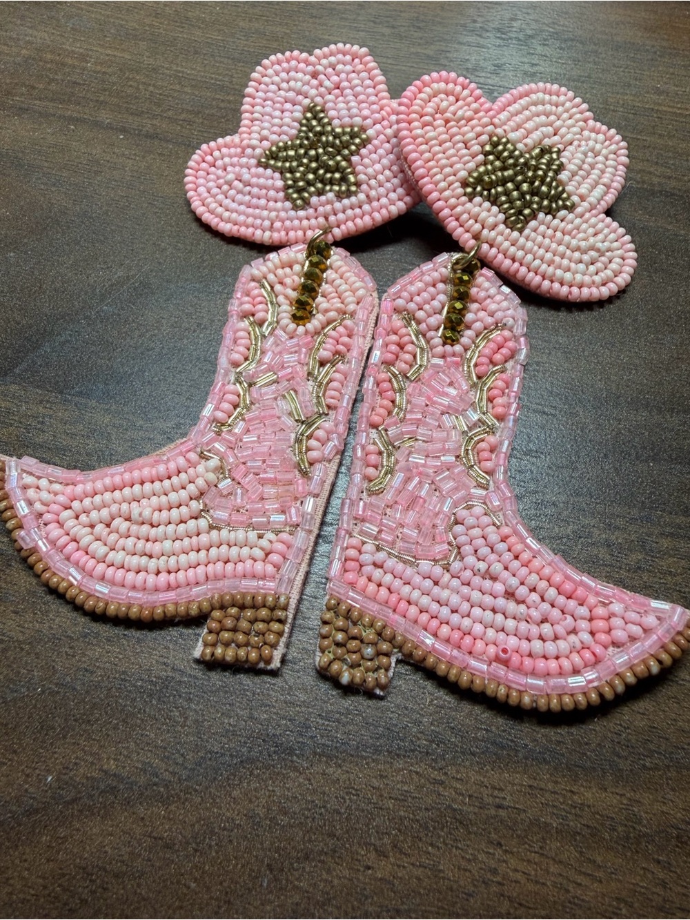 Pink Beaded Cowboy Boot Earrings with Star Accent